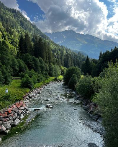 A picturesque alpine river flowing through lush Swiss mountains under a vibrant sky.