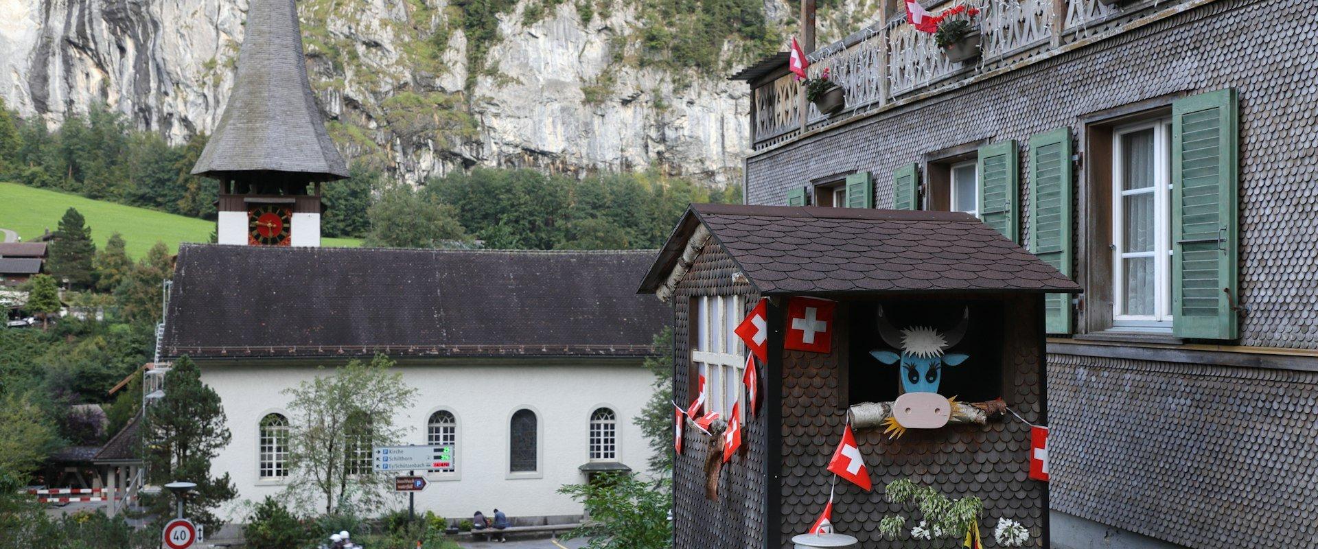 Swiss village with church and decorated building